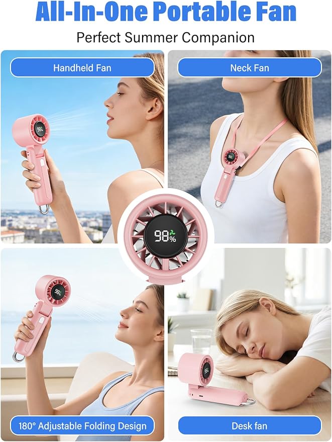 AI Handheld Fan Turbo, 100-Speed Portable Fan Rechargeable, Mini Fan with 12800 RPM Strong Airflow, Foldable 4-in-1 Personal Fan for Travel, Camping, Beach & Office, USB-C & Lightweight & Quiet
