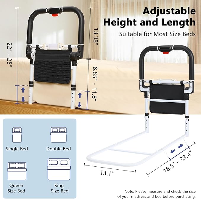 Bed Rails for Elderly Adults Safety with Foldable Non-Slip Handle, Adjustable Bed Assist Rails for Seniors, Handicap, Disable, Bed Assist Handle with Motion Light, Storage Pocket, White/Black