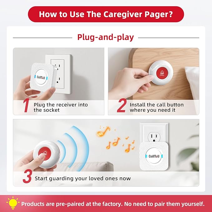 CallToU Caregiver Pager Wireless Call Button Nurse Alert System 500+ Feet for Home/Elderly/Patient/Disabled 2 Plugin Receiver 1 Waterproof Transmitter