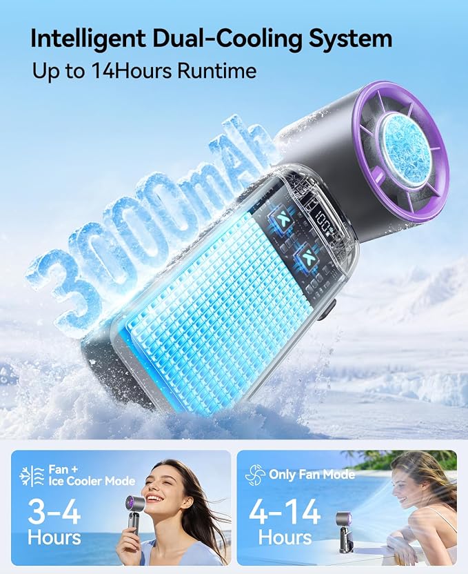 KIMMOO Handheld Portable Turbo Fan with Ice Cooler, Powerful 21000 RPM, Speed (1-199), Up to 14Hrs Cooling, Rechargeable Personal Fan, Small Pocket Hand Fans for Travel/Outdoor/Home/Office (Grey)