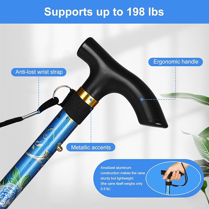 supregear Folding Cane, 5-Level Adjustable Height Walking Stick Lightweight Collapsible Portable Travel Cane with Wrist Strap and T Handle for Elderly Disabled Men Women