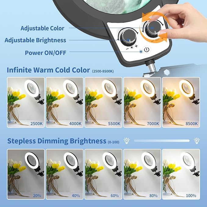 HITTI 12X Extra Long Magnifying Glass with Light, Upgrade Infinite Color and Brightness LED Desk Lamp Clamp, Hands Free 3 Section Magnifier Light Stand for Workbench Craft Reading (12X 35in Clamp)