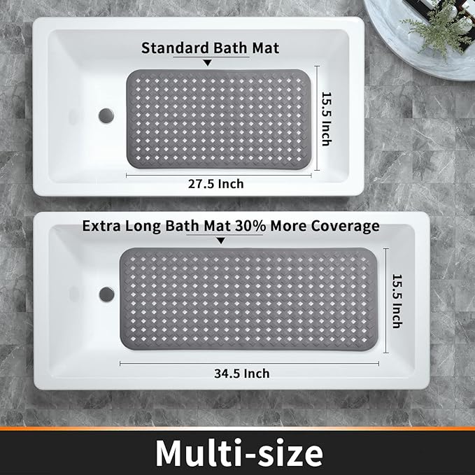 Yimobra Bathtub Mat Non Slip, Super Strong Suction Cups, 27.5"x15.5" Long Shower Mat with Drain Holes, Machine Washable Fast Draining Bath Mats, Bathroom Essentials,Gray