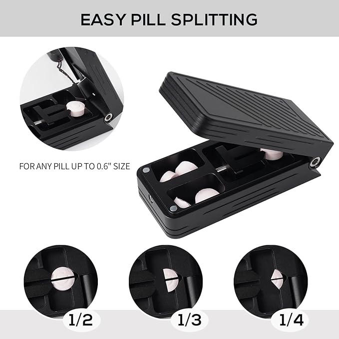 Pill Cutter for Small and Tiny Pills, Professional Aluminum Pill Splitter with Auto Centering Device and 2 Replaceable Stainless Steel Blades, Portable Pill Splitter with PU Case (Black)