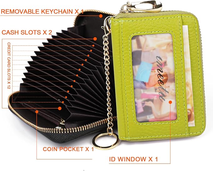 imeetu RFID Credit Card Holder, Small Card Wallet Women, Leather Card Case | Genuine Leather Women's Card & id Cases, Change Coin Purse with Zipper Keychain id Window, 20 Colors & 3 Styles, Daily, Gifts