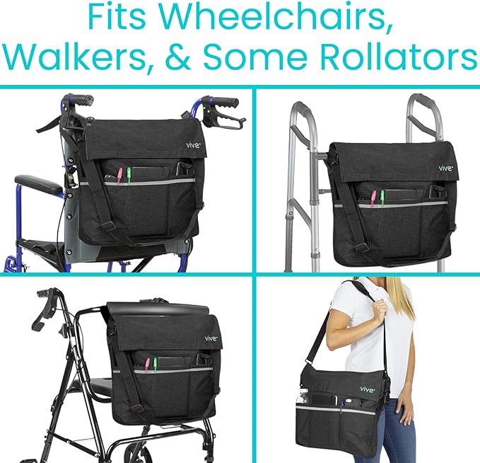Vive XL Wheelchair Accessories Bag - Waterproof, Scratch-Resistant, Double-Stitched, Machine Washable for Adults, Seniors, 15 Colors - Storage Walker Backpack to Hang on Back