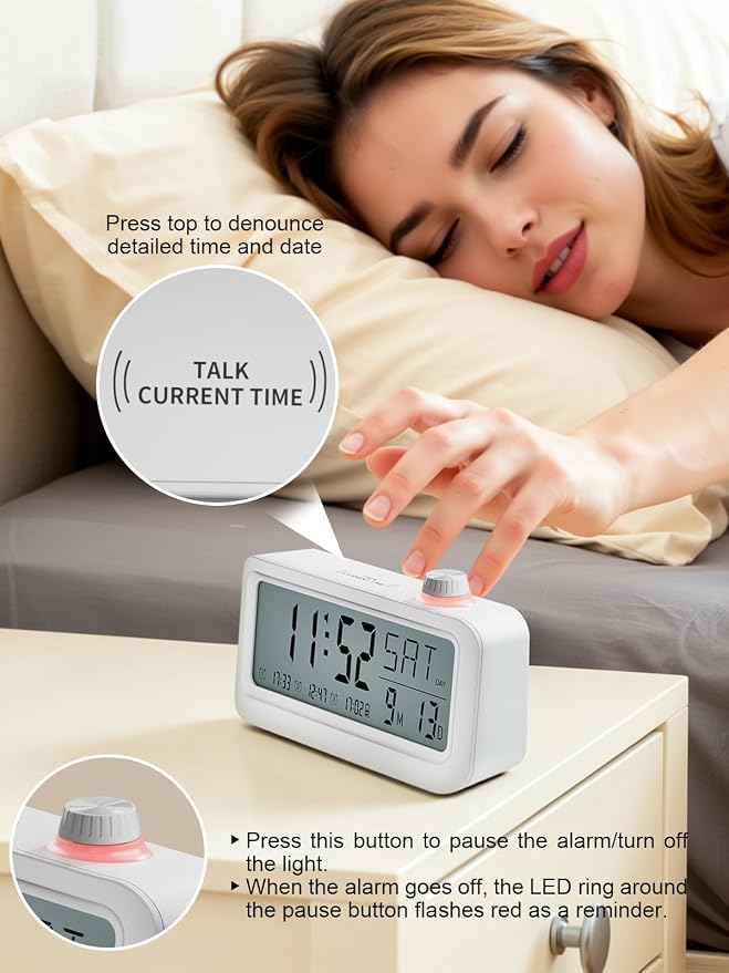 Medication Pill Reminder, Rechargeable Talking Alarm Clock with 3 Custom Voice Recording Alarms, Touch-to-Talk, a Digital Alarm Clocks Gift for Mom/Dad/Seniors/Elderly(White)
