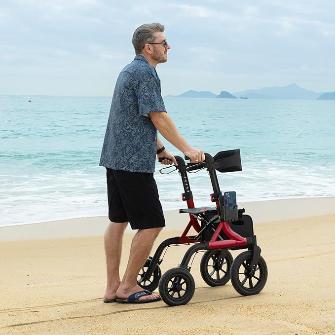 Walkers for Seniors, Rollator Walker with Seat, 12" Big Rubber Wheels All Terrain Rollator Walker with Backrest, Built-in Cable, Cup Holder, Foldable and Height Adjustment for Seniors, Red