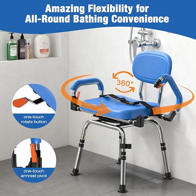4-in-1 Wide 360° Swivel Shower Chair for Elderly and Disabled, Adjustable Height & Arms Width Padded Shower Chair for Inside Shower & Bathroom Bath Tub, 300lb Capacity Bariatric Shower Seats with Arms