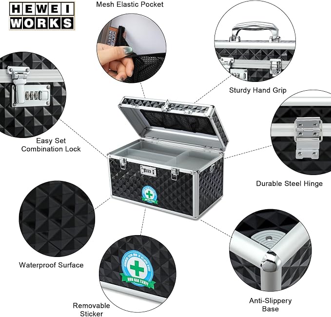 Storage Lock Box with Combination Lock, Lockable Medicine Storage Box, Empty First Aid Box, Security Lock Box, Multipurpose Locking Box for Home and Outdoor Use (Black, X-Large)