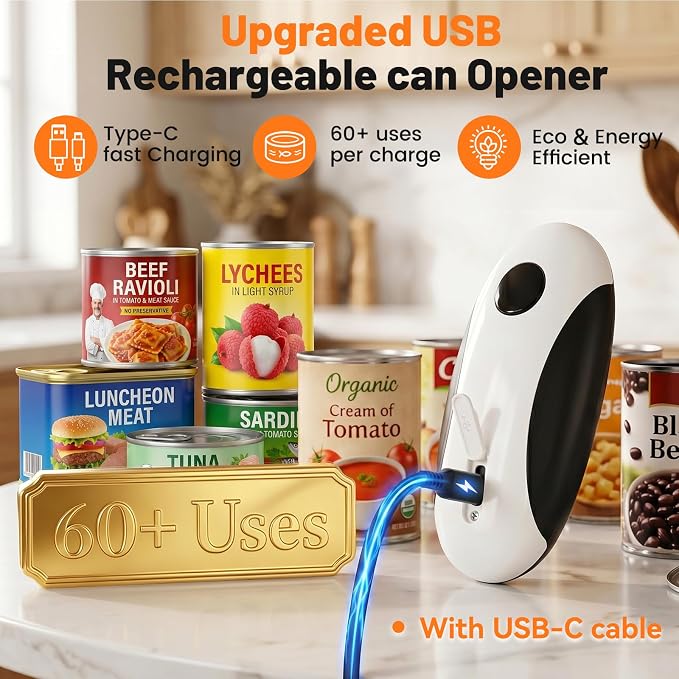 Electric Can Opener, USB-C Rechargeable One Touch Hands Free Automatic Can Openers for Most Can Sizes Smooth Edge, Safe and Easy to Use for Seniors, Arthritis Sufferers, Kitchen and Camping