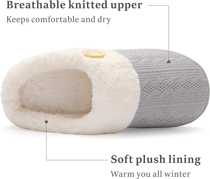 Chantomoo Womens Slipper Warm Comfy Memory Foam House Slippers Knitted Shoes Faux Fur Lined Anti-Skid Rubber Sole Bedroom Cozy Indoor Outdoor Slippers