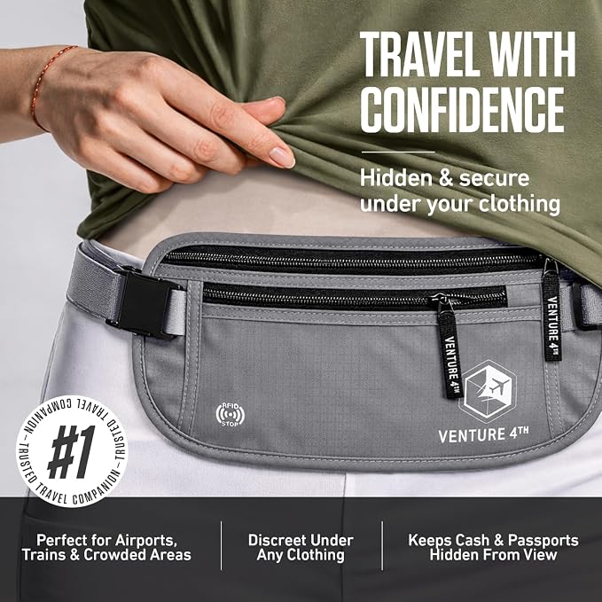 VENTURE 4TH Travel Money Belt, RFID Blocking Passport Holder - Silver
