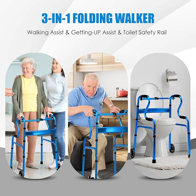 Goplus 3-in-1 Stand-Assist Folding Walker with 5" Wheels, Heavy Duty Walking Mobility Aid Supports up to 220lbs, Can be Used as Toilet Safety Rail, Narrow Drive Walkers for Seniors Elderly Adult