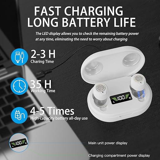 Rechargeable Hearing Aids for Seniors with Noise Reduction | OTC Hearing Aids for People with Mild Moderate Severe Hearing Loss| Automatic Noise Cancelling Comfortable Design and Wear - White