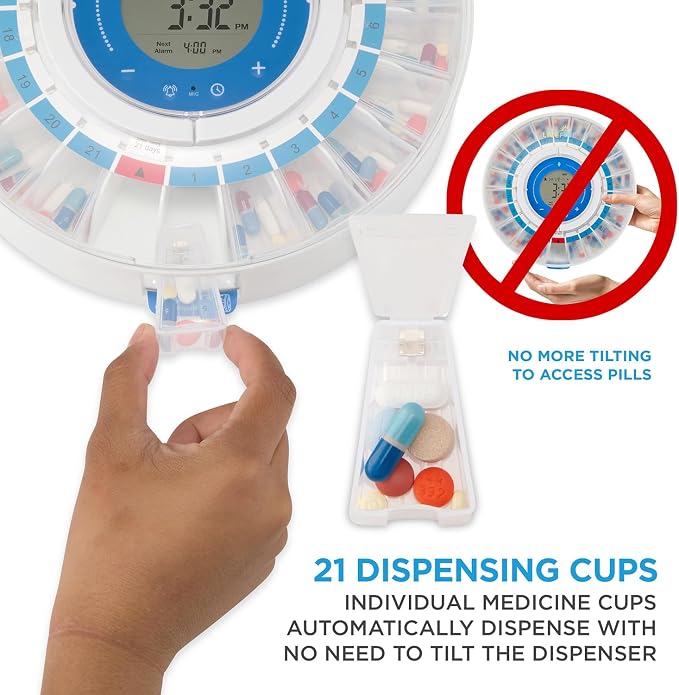 LiveFine Smart Pill Dispenser, WiFi App, Removable Cups, 21-Day, Frosted | Dual AC/battery power, 14-day activity history, push notifications - for caregivers monitoring seniors remotely.