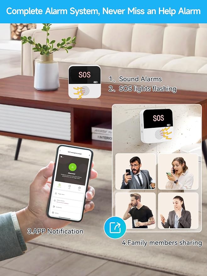 PILSAMAS 3 Pack Wireless Caregiver Call Button for Elderly at Home, WIFI Panic Button, Help Button, Alarm for Senior Citizens w Sound Light Alarm, App Alert, Emergency Response Button, Caregiver Pager