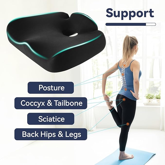 Ergonomic Memory Foam Seat Cushion for Tailbone Pain Relief –Office Chair Cushion for Coccyx, Sciatica & Pressure Relief –Large Chair Cushions for Car Seat, Wheelchair – Washable Non-Slip Cover