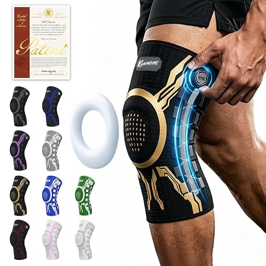 Kuangmi Knob Knee Brace for Pain Relief, Knee Support with Patella Gel Pad & Side Stabilizers, Compression Knee Sleeve for Workout, Arthritis, Joint Pain, Meniscus Tear (Gold Black,Left,Medium,Single)