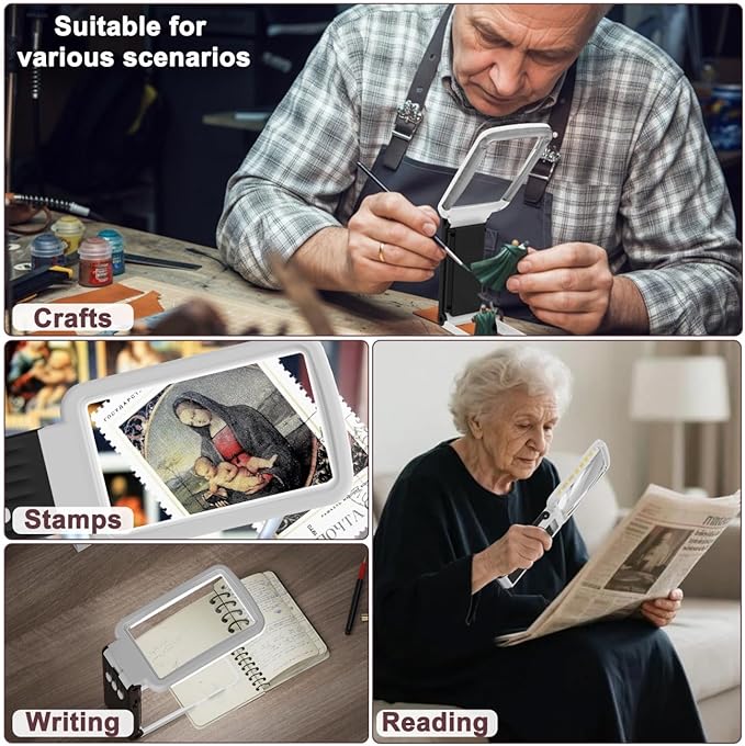 10X Magnifying Glass with Light and Stand, Real Glass Lens, Rechargeable Foldable Handheld Magnifier, 3 Color Modes Dimmable Lighted Page Magnifier for Reading Fine Prints, Low Vision Seniors