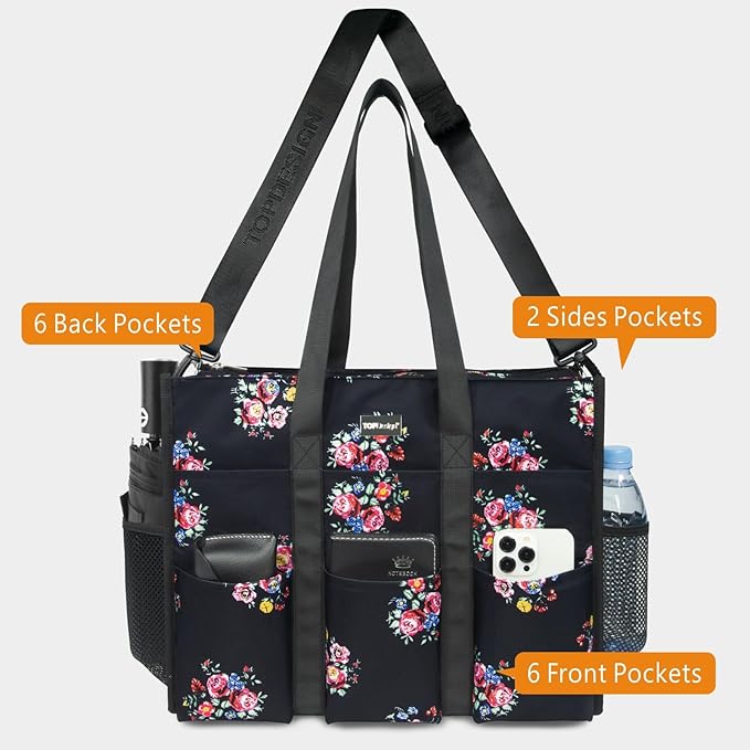 TOPDesign Utility Water Resistant Tote Bag with 22 Pockets, Top Zipper Closure & Thick Bottom Support, for Working Women