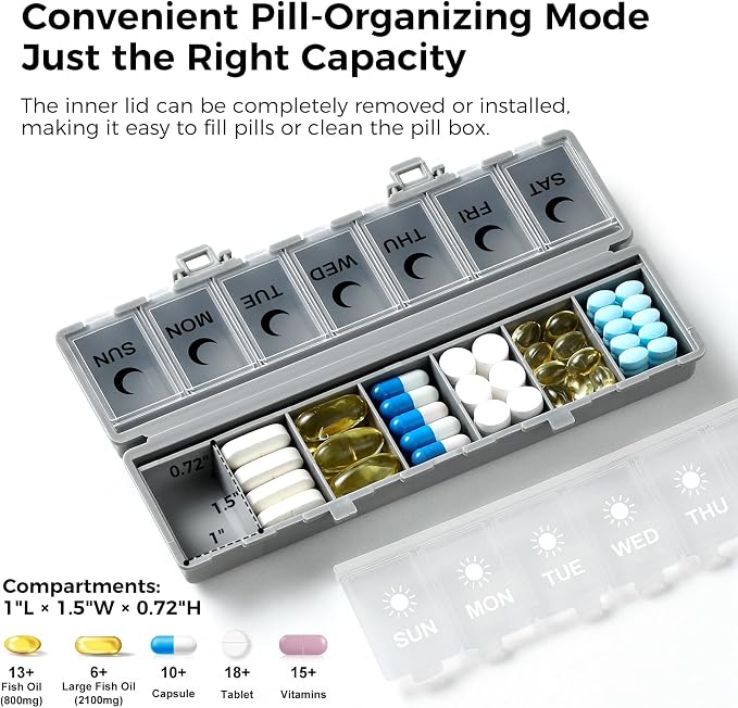 Foldable Pill Organizer Weekly 2 Times a Day, 7 Day Portable AM PM Travel Pill Case with Black&White Labels, Dual-Protection Daily Medicine Box, Large Pill Container for Vitamin/Supplement-Grey