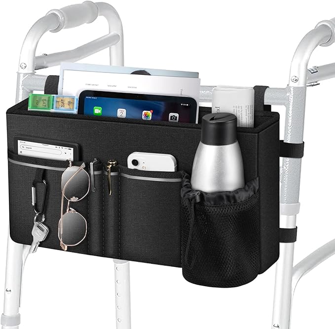 FINPAC Large Walker Tote Bag with Cup Holder, Folding Walker Attachment Hands-Free Storage Basket Mobility Aid Accessory Pouch for Elderly, Senior, Black