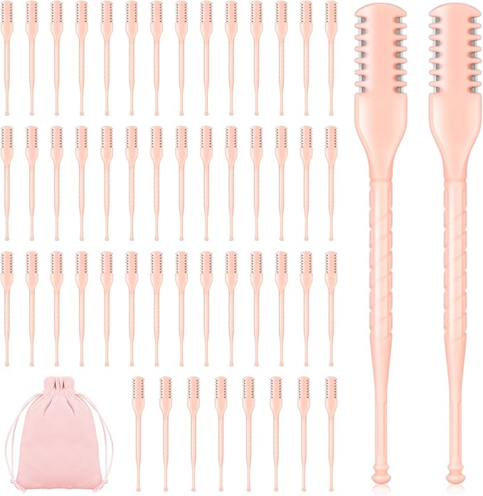 Lothee 50 Pcs Manual Nose Hair Trimmer, Nasal Hair Cutter Bulk for Women, Portable 360 Rotating Nose Hairs Remover Tools for Home, Travel and Beauty Salon, Velvet Storage Bag(Pink)