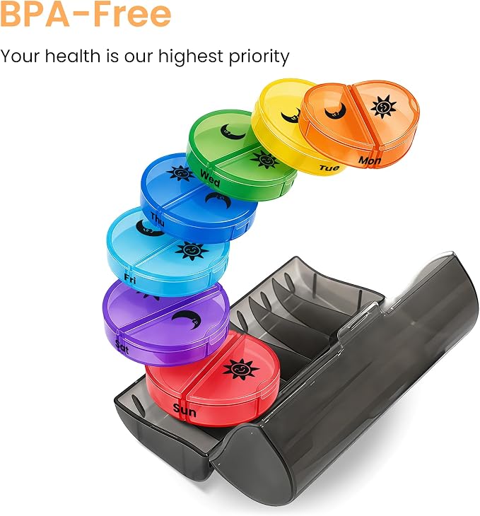Medicine Pill Organizer Travel Pill Box 7 Day Small Pill Case Purse Am Pm Pill Container Daily Pill Holder Twice a Day Pill Sorter Day Night Pill Organizer Large Compartment Compact Portable