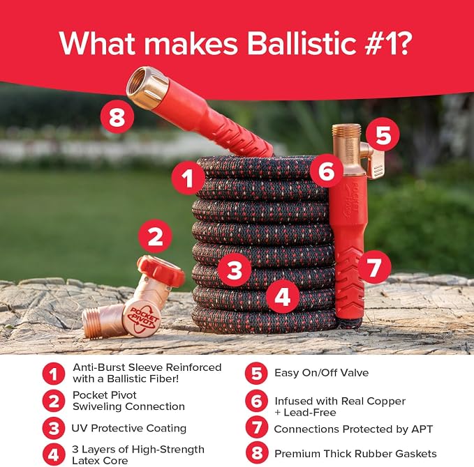 Pocket Hose Ballistic 25 FT Expandable Garden Hose, No-Kink, As Seen on TV | Anti-burst sleeve reinforced with bulletproof fiber, 360° swiveling pocket pivot connector, lightweight compact design