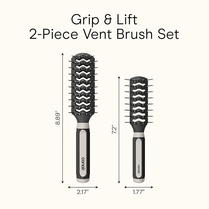 Conair Grip & Lift Vent Hairbrush, Full-Size and Mid-Size Brush Set, Nylon Bristle Hair Brushes for Blowout Styling, Value Pack, Color May Vary