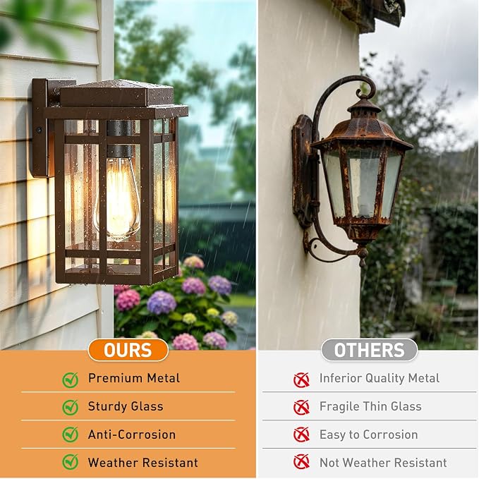 9.76'' Outdoor Wall Light Fixtures 2 Packs, Porch Lights Lantern | Waterproof Exterior Modern Brown Wall Mount Lighting, Anti-Rust E26 Outside Scones for House Front Door Garage, 2 Packs