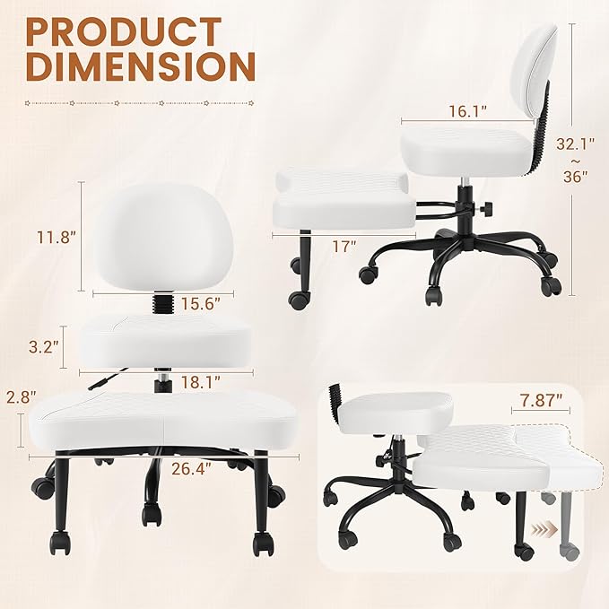 Ergonomic Cross Legged Office Chair with Wheels - Adjustable Height Kneeling Meditation Chairs for ADHD, Yoga & Desk Work - Wide Criss Cross Seat with Lumbar Support, White