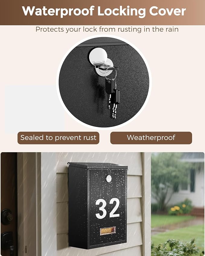 LAND·VOI Locking Wall-Mount Mailbox for Outside, with 4 Keys, Galvanized Steel Rustproof Metal Postbox, 3.1" Dx7.5 Wx10.8 H, Includes 3 Sets of Mailbox Numbers, Nameplate, Black, AMB32B