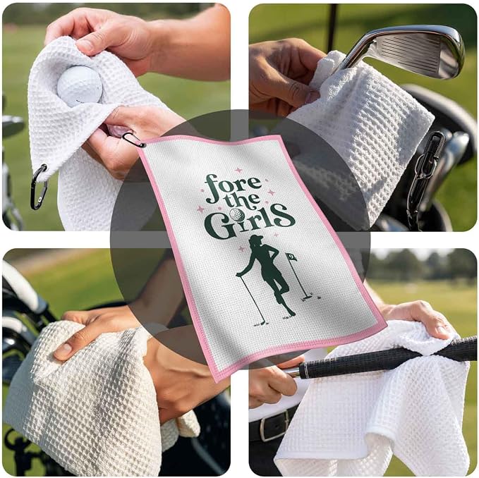 Ladies Golf Towel with Clip,Funny Golf Bag Accessories for Women,"Fore The Girls" 16x24inch Microfiber Waffle Weave Pink Golf Towel,Golf for Mom Grandma,Birthday Christmas Retirement Golfer Gifts