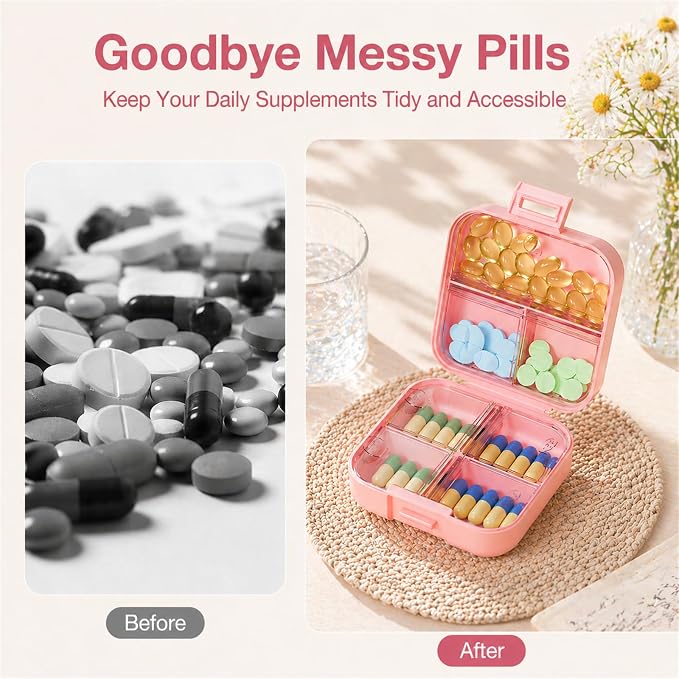 Small Travel Pill Box, Double Layer 7-Compartments Pill Organizer, 3.1" x 3.1" x 1.4" Portable Weekly Pill Case Container for Pocket, 7 Day Compact Medicine Holder for Vitamins, Fish Oils Pink
