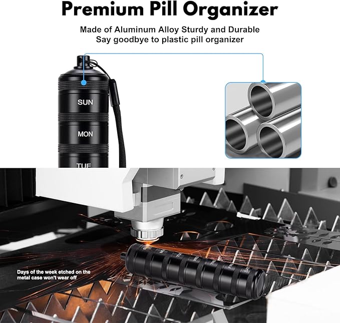 Portable Travel Pill Organizer - Metal Waterproof Pill Box, Small Compact Weekly Aluminum Alloy Container, 7 Day Daily Medicine Organizer Holder for Small Pills, Black S