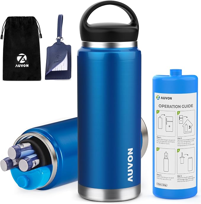 AUVON Insulin Cooler Travel Case, 220g TSA Approved Ice Pack, Handle Design | Cold Vacuum Insulin Bottle with Medical ID Tag, Med Anti-freezing Pouch, Diabetic Medical Cooler, Compact for Daily and Trips