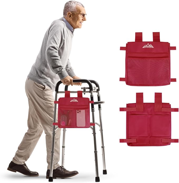 supregear Walker Side Bag, Water Resistant Accessory Basket Pouch for Folding Walkers, Lightweight Hand Free Storage Carrier Tote, Universal Size Seniors Caddy Attachment, Red