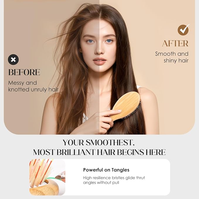 Boar Bristle Hair Brush, Natural Bamboo Paddle Detangler Hairbrush | Aanti static, scalp massage, smooths hair, boosts shine & health, works for women, men & kids thick thin curly wet dry hair