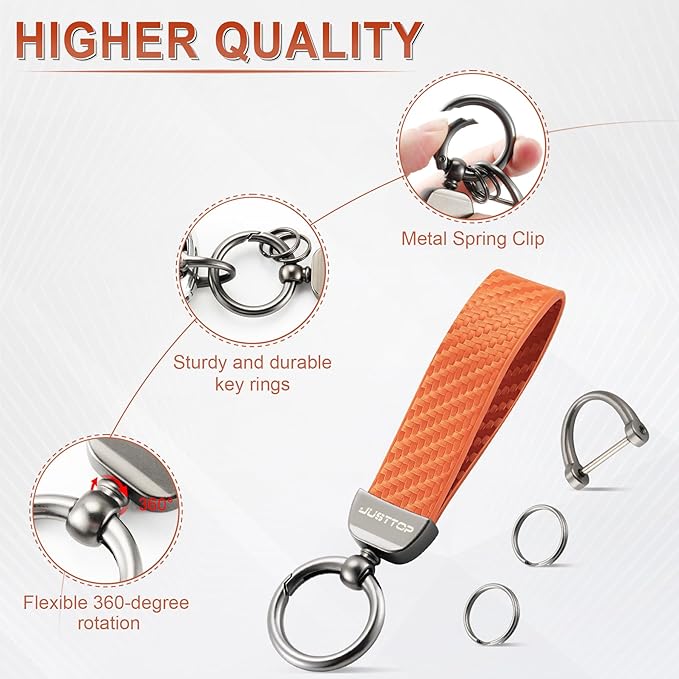 JUSTTOP Leather Keychain, Carbon Fiber Car Key Chain with Anti-Lost D-Ring and 2 Key Ring, Keychain Wristlet, Car Accessories, Universal Keychain for Men and Women (Orange)