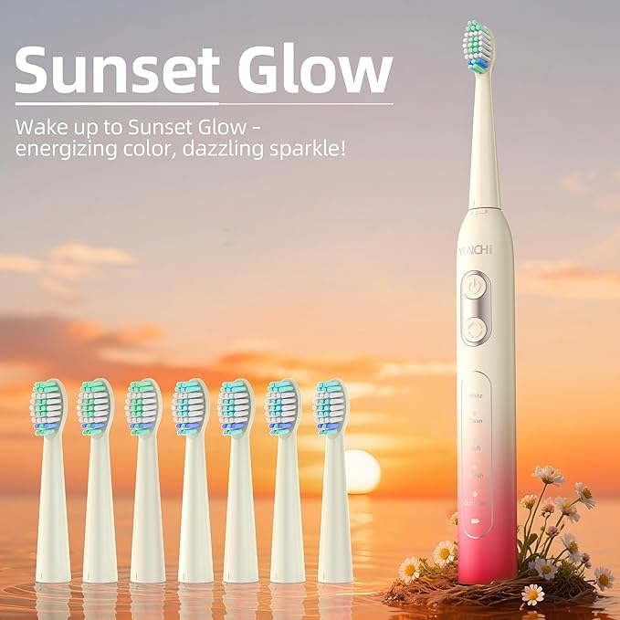 YUNCHI Electric Toothbrush Birthday/Valentine Plastic 8 Dupont Heads 24-Mo Deep Cleans Gentle Gums Removes Stains 3Hr USB-C 90d 2-Min Timer/30s IPX7 - Yellow Red