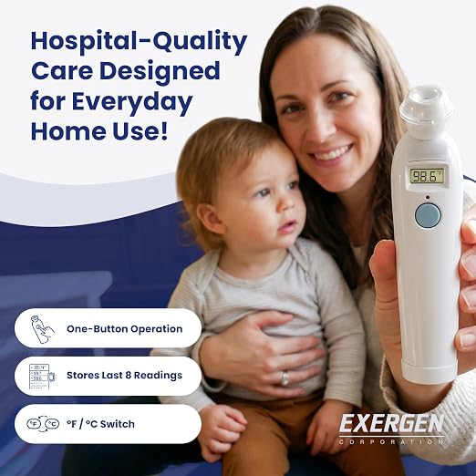 Exergen TAT-2000C Temporal Artery Forehead Thermometer for Baby Kids Adults | Displays Temperature Reading, Soft Glow, Silent Mode, Wipe Clean Sensor, 8 Reading Memory, 9V Battery Included for Family Use
