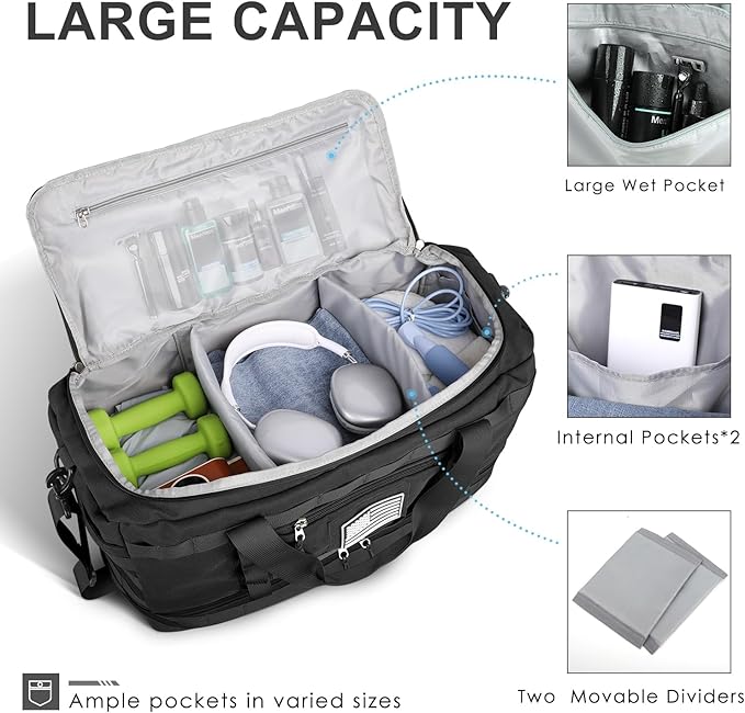 Gym Bag for Men Women, Carry on Luggage 22x14x9 Airline Approved Duffle Bag | Tactical Travel Bags with Toiletry Bag and Shoe Compartment, Weekender Overnight Duffel with Wet Pocket for Workout, Black
