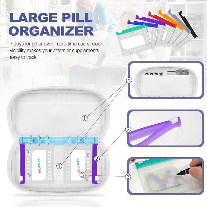 Weekly Pill Organizer 2 Times a Day – Timueetech A6 Waterproof 14 Pouch Bags for Travel, BPA-Free Medication Storage with Labels & Self-Sealing for Vitamins & Supplements, Blue