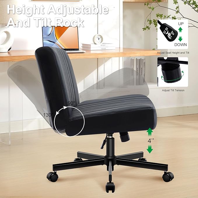 Criss Cross Chair with Wheels,Thick Padded Leather Cross Legged Office Desk C Hair with Pocket Spring Cushion,Dual-Purpose Base,Wide Adjustable Computer Home Office Vanity Chair,Black
