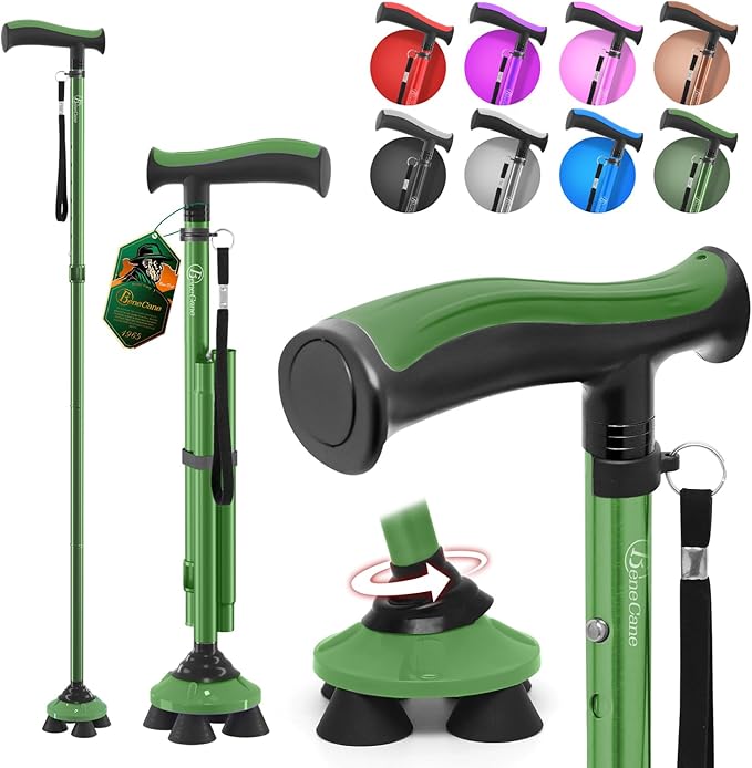 BeneCane Walking Cane for Men & Women Walking Stick for Seniors Folding Canes Quad Cane Adjustable Lightweight Sturdy Collapsible Heavy Duty with Soft TPR T-Handle and Travel Bag