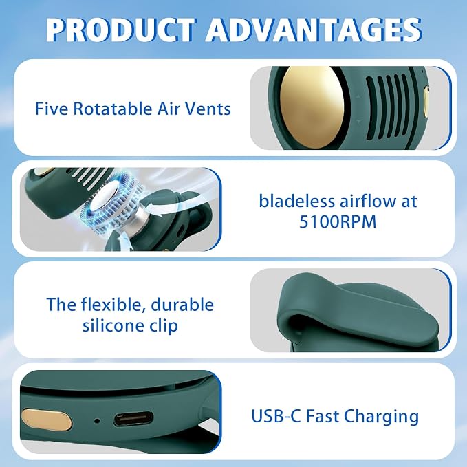 Portable Fan,2-in-1 Waist Clip On Bladeless, Ultra-Quiet Mini Personal Neck Fan 3 Speeds with 360°Adjustable Clip USB Rechargeable for Hiking,Office & Outdoor