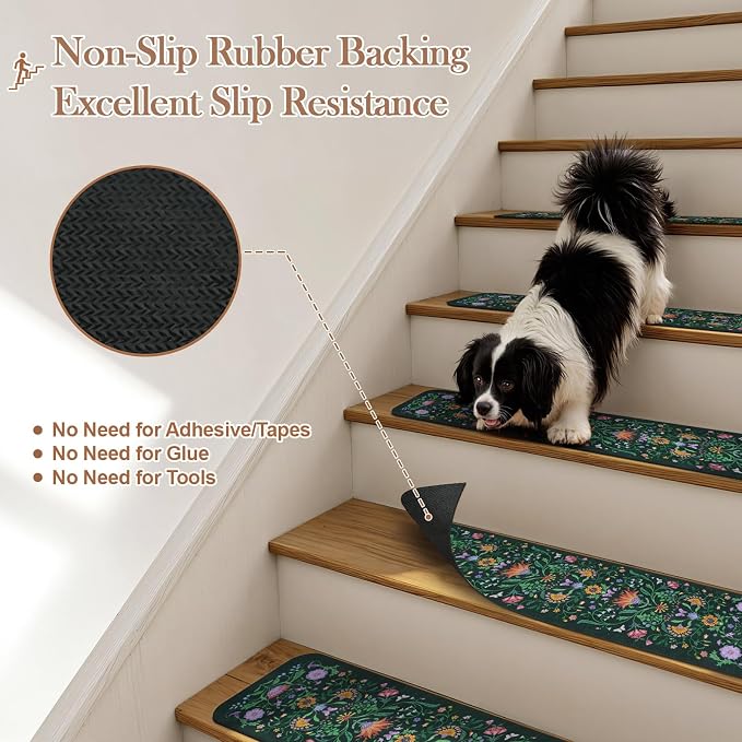 OJIA Stair Treads Non Slip Stair Runner for Wooden Steps Indoor 15PC 8"x30" | Rubber Backing Floral Carpet Stair Treads for Wood Stairs Staircase Step Treads for Kids & Dogs, Stair Covers, Green