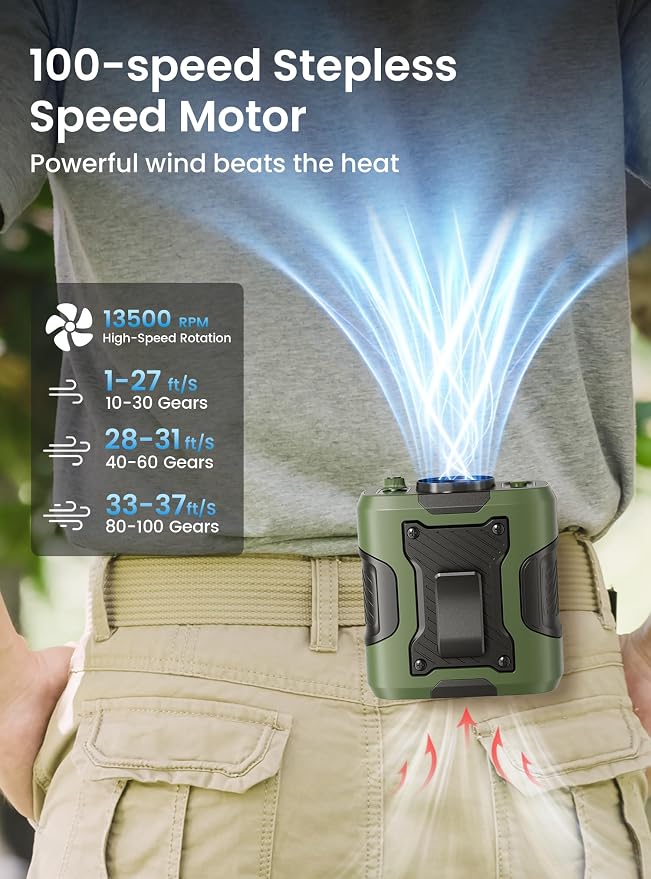Koonie Waist Clip-on Fan, 100 Levels of Speeds, 24H Use Time, Green | Cool Clip Fan Under Shirt Fan, Rechargeable Battery, Wearable Belt Personal Device for Outdoor Work, Camping, Travel